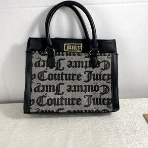 Juicy Couture Shoulder Bag Black Gray Canvas Logo Casual Zipper Tote